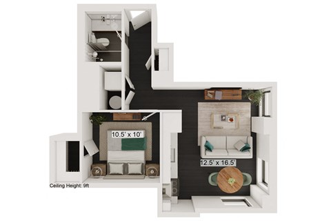 Floor plan for 1 bed, 1 bath, 525 sqft